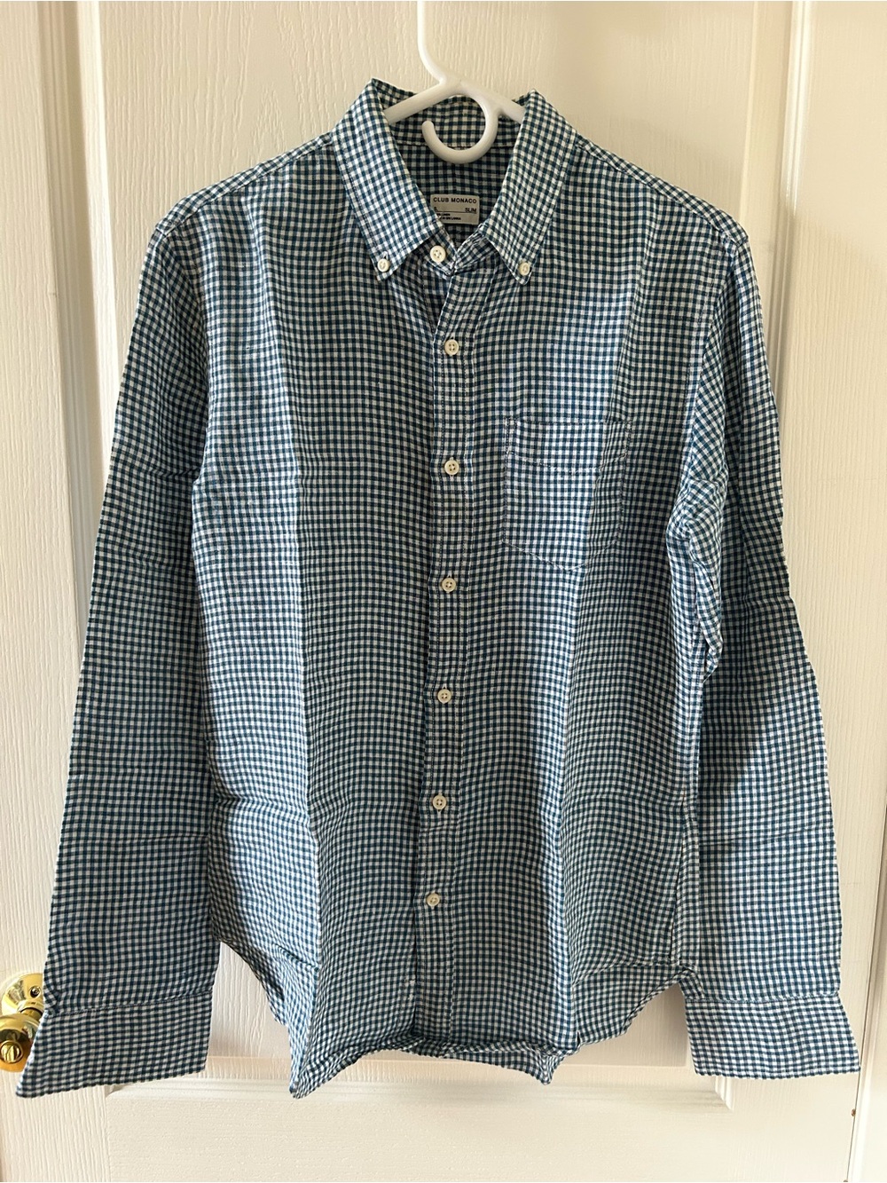 Club Monaco Blue Gingham Linen Button-Down Shirt